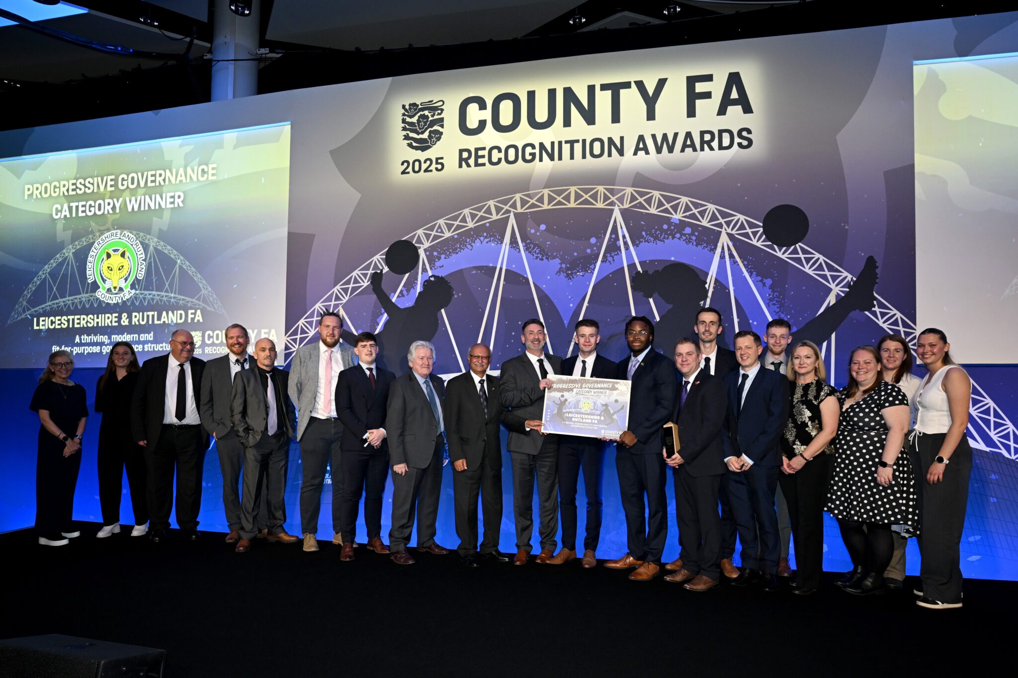 The Leicestershire & Rutland County FA team collecting the Progressive Governance Award at the 2025 County FA Recognition Awards.